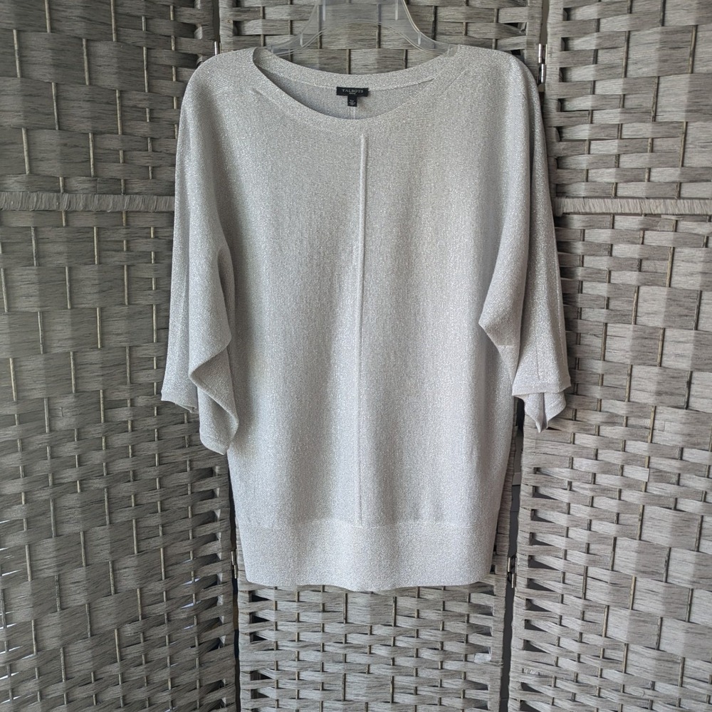 Talbots Sweater Silver Metallic Dolman Sleeve‎ Knit Top Sz LP Holiday Festive